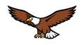 Cartoon eagle in flight side view with spread wings and white crest on head against plain white background as logo emblem Royalty Free Stock Photo
