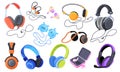 Cartoon earbuds. Wireless modern earphone or wired dj headphone, funky earbuds with mic for listening radio stereo music