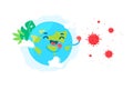 Cartoon Earth in boxing gloves is fighting a molecule of coronavirus. Flat style.