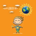 Cartoon earth day illustration or banner with little cute boy character holding in hands baloon with earth globe. Vector Royalty Free Stock Photo