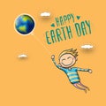 Cartoon earth day illustration or banner with little cute boy character holding in hands baloon with earth globe. Vector Royalty Free Stock Photo