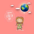 Cartoon earth day illustration or banner with little cute girl character holding in hands baloon with earth globe Royalty Free Stock Photo