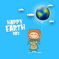 Cartoon earth day illustration or banner with little cute girl character holding in hands baloon with earth globe Royalty Free Stock Photo