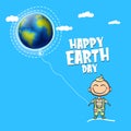 Cartoon earth day illustration or banner with little cute girl character holding in hands baloon with earth globe Royalty Free Stock Photo