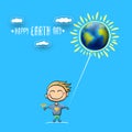 Cartoon earth day illustration or banner with little cute girl character holding in hands baloon with earth globe Royalty Free Stock Photo