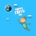 Cartoon earth day illustration or banner with little cute girl character holding in hands baloon with earth globe Royalty Free Stock Photo