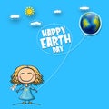 Cartoon earth day illustration or banner with little cute girl character holding in hands baloon with earth globe Royalty Free Stock Photo