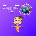 Cartoon earth day illustration or banner with little cute boy character holding in hands baloon with earth globe. Vector Royalty Free Stock Photo