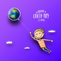 Cartoon earth day illustration or banner with little cute boy character holding in hands baloon with earth globe. Vector Royalty Free Stock Photo
