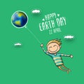 Cartoon earth day illustration or banner with little cute boy character holding in hands baloon with earth globe. Vector Royalty Free Stock Photo