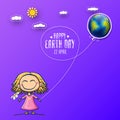 Cartoon earth day illustration or banner with little cute girl character holding in hands baloon with earth globe Royalty Free Stock Photo