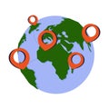 Cartoon earth globe with pinpoints online deliver service, delivery tracking, pin location point marker of shipment map