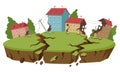 Cartoon earthquake natural disaster. Earth crust break, environment damage catastrophe, earthquake cataclysms flat vector