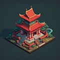 Cartoon East Asian pagoda. Game design isometry. Generative AI