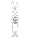 Cartoon Easter bunny holding basket eggs. Happy easter coloring page. Rabbit and eggs. Coloring book for children.
