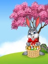 Cartoon easter bunny holding Easter basket full of decorated Easter eggs