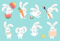 Cartoon easter bunny. Rabbit hiding, bunnies with eggs and flowers. Cute springtime characters, hare painted and chicken Royalty Free Stock Photo