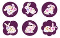 Cartoon easter bunny silhouettes. Spring holiday cute rabbits with spring flowers, decorated hare easter flat vector illustration Royalty Free Stock Photo