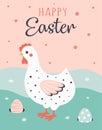 Cartoon easter card with cute hen in flat style Royalty Free Stock Photo