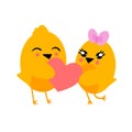 Charming couple of yellow chickens giving heart. Valentines Day. Vector illustration isolated on white background. Image