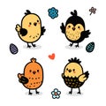 Cartoon Easter chicks. Cute baby farm birds with yellow feathers. Isolated newborn poultry, vector set Royalty Free Stock Photo