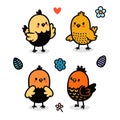 Cartoon Easter chicks. Cute baby farm birds with yellow feathers. Isolated newborn poultry, vector set