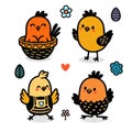 Cartoon Easter chicks. Cute baby farm birds with yellow feathers. Isolated newborn poultry, vector set
