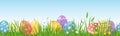 Cartoon easter eggs on meadow green grass seamless border. Spring lawn with painted egg and flowers. Happy easter day