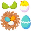 Cartoon easter icon set chicken nest egg shell. Royalty Free Stock Photo