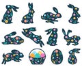 Cartoon easter rabbit silhouette, cute spring bunny and eggs elements. Flowered easter bunnies silhouettes vector Royalty Free Stock Photo