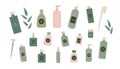 Cartoon eco cosmetic bottles, jars, leaves. Body hair skin care organic pruduct tubes, cleanser, soap for face, oil