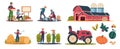 Cartoon eco farming. Agricultural workers doing farming job, cropping and selling organic products. Rural work vector