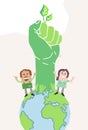 Cartoon Ecologist people and planet Earth, Rising Up a Green Fist