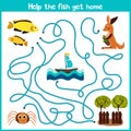 Cartoon of Education will continue the logical way home of colourful animals. Help the little yellow fish swim home into the ocean