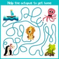 Cartoon of Education will continue the logical way home of colourful animals.Help the octopus to reach home at the bottom of the o