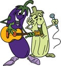 Cartoon eggplant and zucchini playing guitar and singing vector illustration