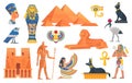 Cartoon egyptian elements. Ancient egypt statue and mythology objects, birds scarab jackal history god sphinx pharaoh