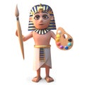 Cartoon Egyptian pharaoh Tutankhamen with paintbrush and palette, 3d illustration