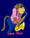 Cartoon elderly monkey performs jazz on the saxophone. Monkey saxophonist. A cartoon character depicting a monkey playing the