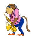 Cartoon elderly monkey performs jazz on the saxophone. Monkey saxophonist. A parody of an elderly jazz saxophonist. Vector color