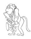 Cartoon elderly monkey performs jazz on the saxophone. Monkey saxophonist. Vector outline image isolated on white. A parody of an