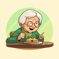 Cartoon of an elderly woman eating breakfast of pancakes. Royalty Free Stock Photo