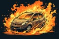 Cartoon electric car EV who\'s vehicle lithium battery is on fire causing a thermal runaway