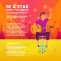 Cartoon electric guitar player. Teenage guitarist shows hand up. Vector illustration of young person holding guitar Royalty Free Stock Photo