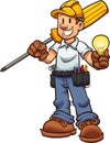 Cartoon electrician holding an oversized driver and a lightbulb