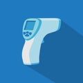 Cartoon electronic thermometer, Non-contact digital body infrared thermometer isolated on blue background.