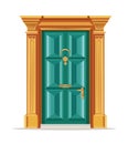 cartoon elegant vintage front door in gold frame, turquoise colour