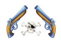 Cartoon element pair of antique pistols and pirate skull on white background