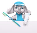 Cartoon elephant character behind poster holding toothbrush