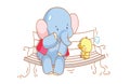 Cartoon elephant and a cute chick sitting on a chair Royalty Free Stock Photo